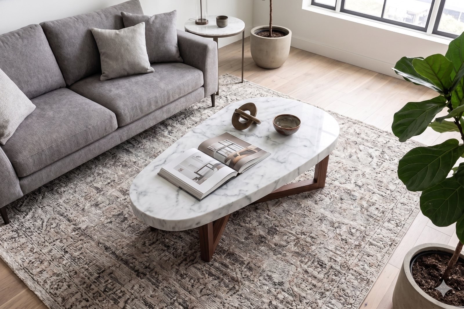 Vista cenital de la mesa Kumo en un living con sillón gris