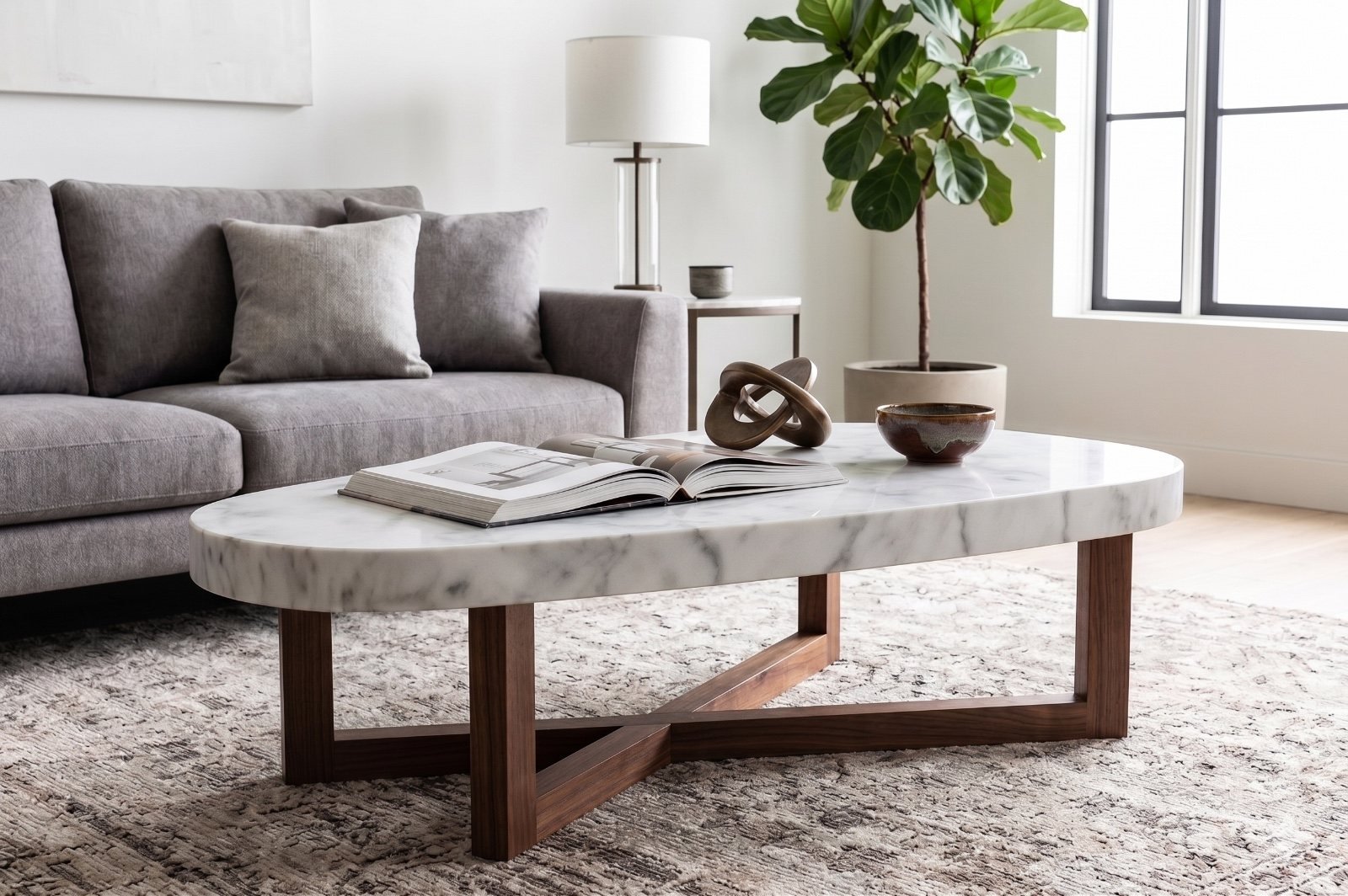 Mesa ratona Kumo con tapa de piedra Rüya en un living luminoso