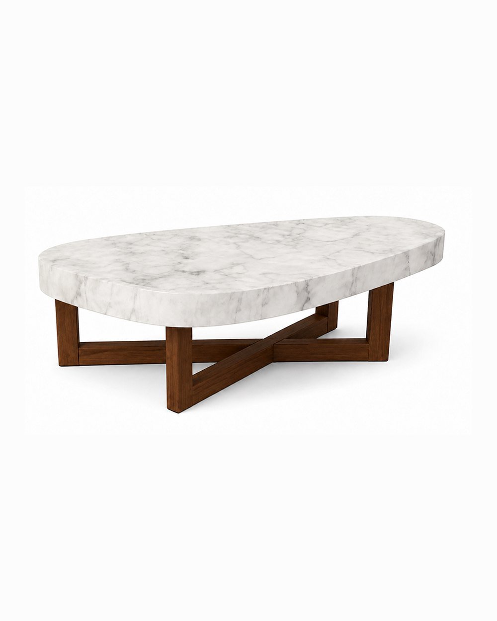 Mesa ratona Kumo, tapa orgánica de piedra Rüya sobre estructura cruzada de madera