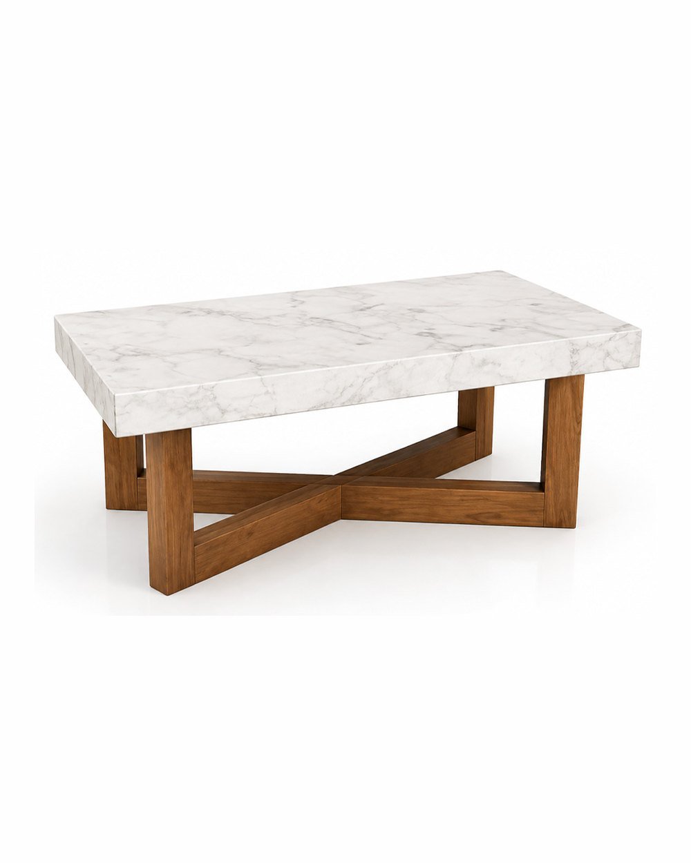 Mesa Nami, tapa rectangular de piedra Rüya sobre base cruzada de madera